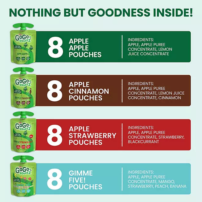 GoGo SqueeZ Applesauce, Apple, Cinnamon, Strawberry and GIMME Five, 3.2 oz., 32 ct