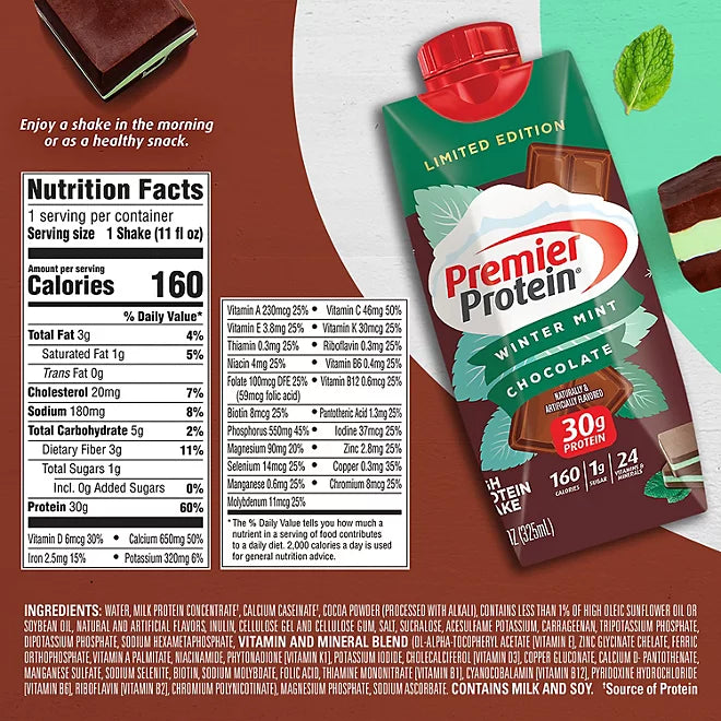 Premier Protein 30g High Protein Shake, Winter Mint Chocolate 11 fl. oz., 15 pk.